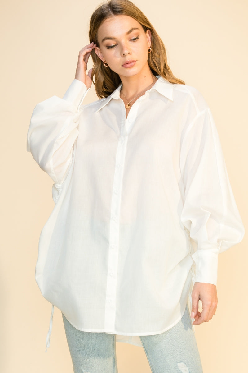 White Button Down with Side Drawstring