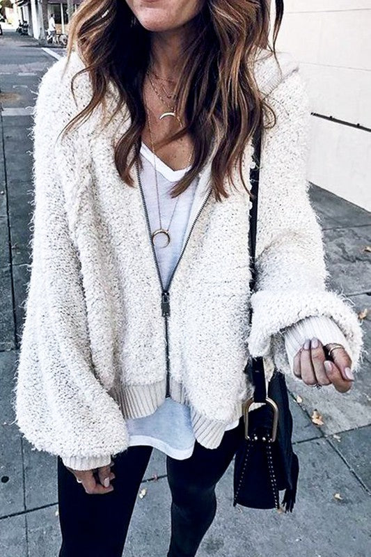 Soft Fluffy White Cardigan Fuzzy Sweater Jacket Hoodie 