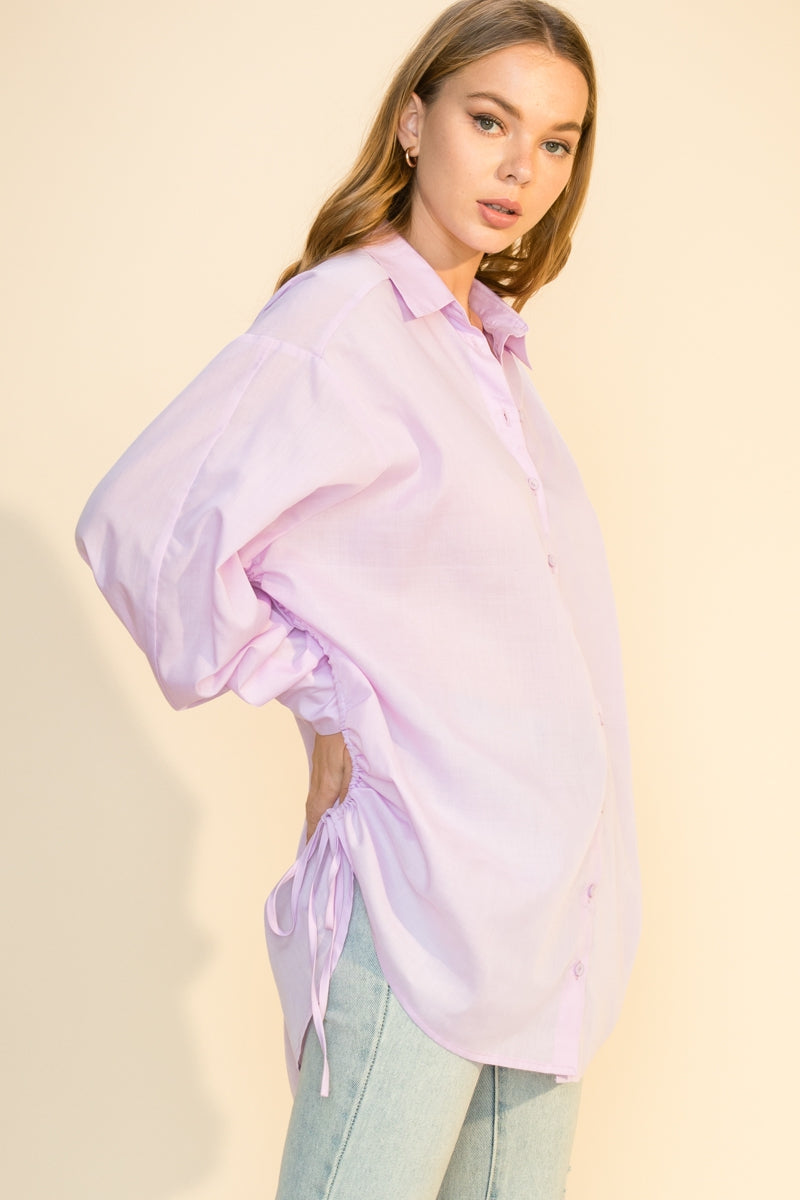 Lilac Button Down with Side Drawstring